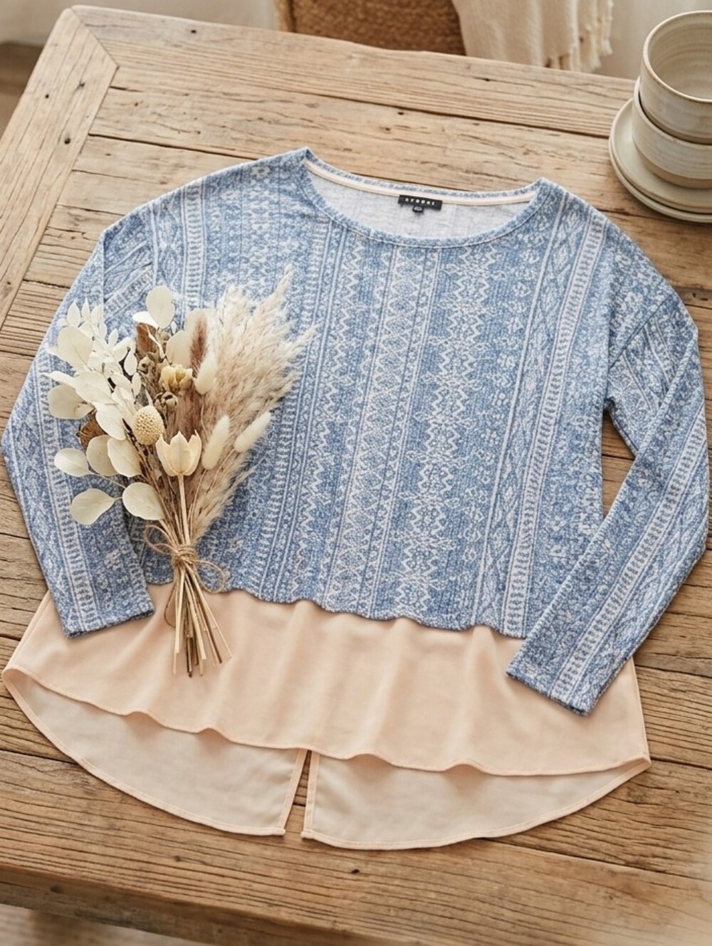 Kiara Blue Patterned Knit Tunic with Cream Layered Hem